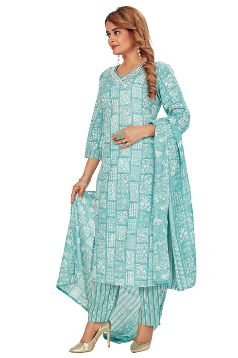 Amchoor Teal Cotton Ethnic Motifs Kurti Set for Women's