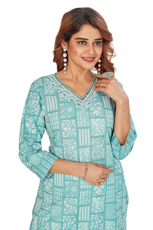 Amchoor Teal Cotton Ethnic Motifs Kurti Set for Women's