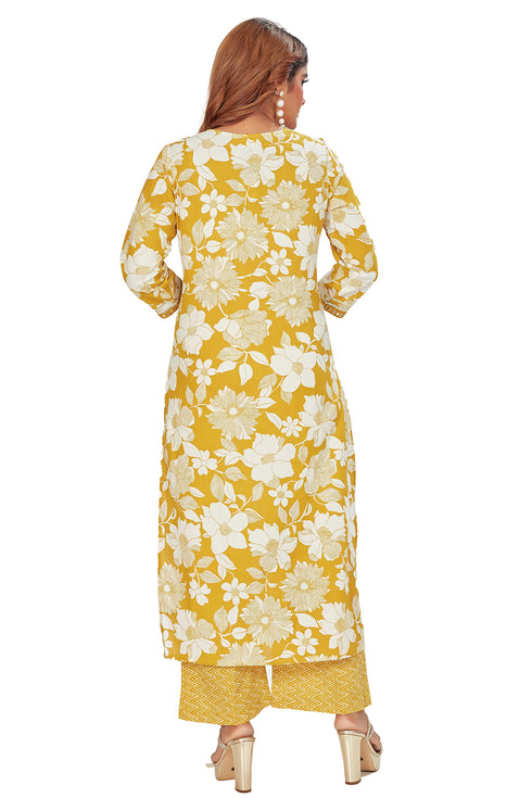 Amchoor Mustard Cotton Floral Print Kurti Set for Women's