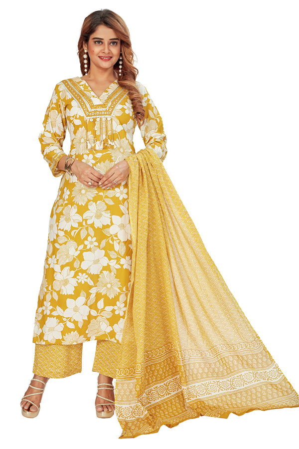 Amchoor Mustard Cotton Floral Print Kurti Set for Women's