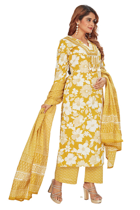 Amchoor Mustard Cotton Floral Print Kurti Set for Women's