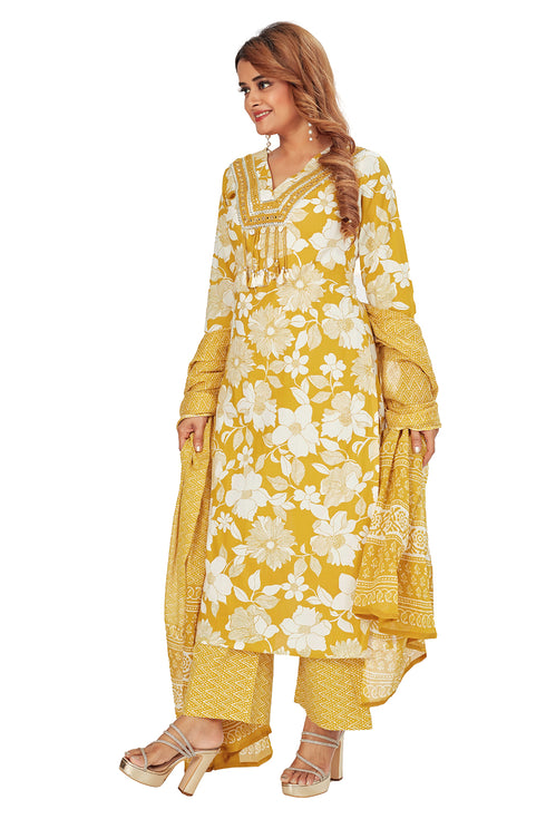 Amchoor Mustard Cotton Floral Print Kurti Set for Women's