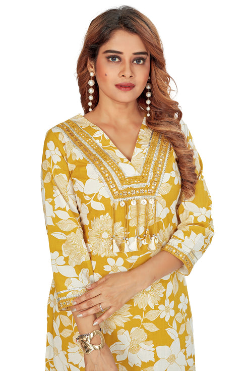 Amchoor Mustard Cotton Floral Print Kurti Set for Women's