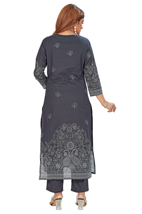 Amchoor Black Cotton Floral Print Kurti Set for Women's