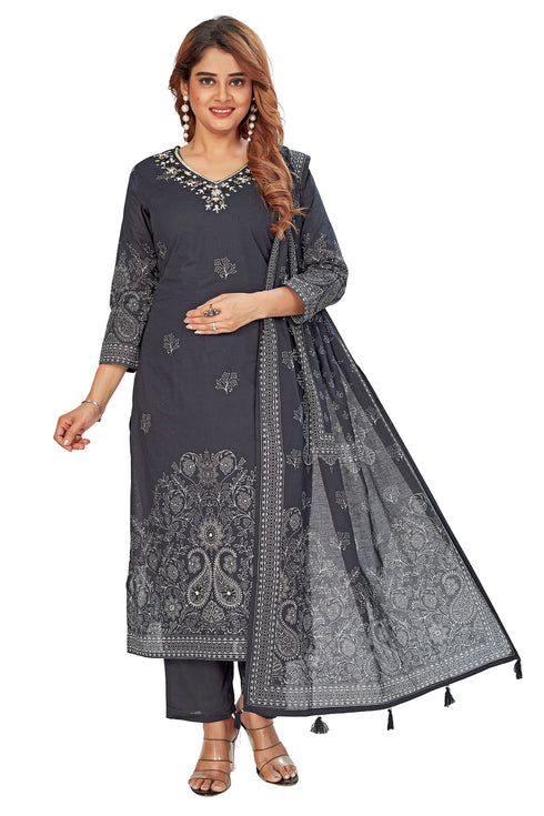 Amchoor Black Cotton Floral Print Kurti Set for Women's