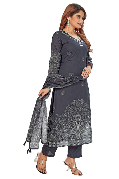 Amchoor Black Cotton Floral Print Kurti Set for Women's