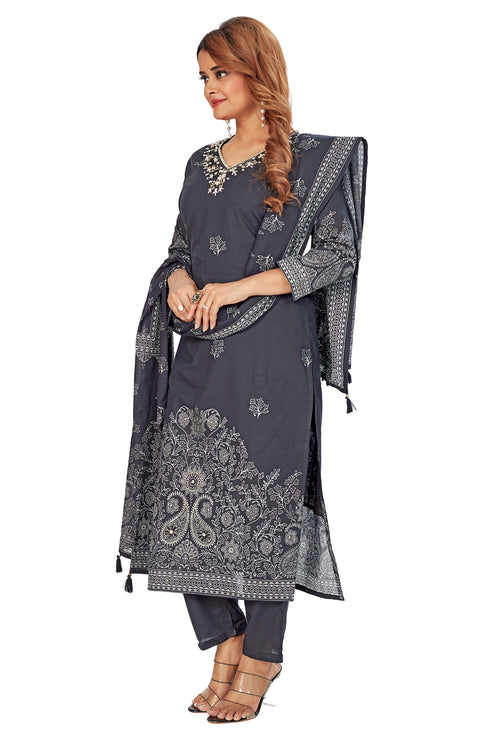 Amchoor Black Cotton Floral Print Kurti Set for Women's