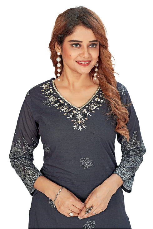 Amchoor Black Cotton Floral Print Kurti Set for Women's