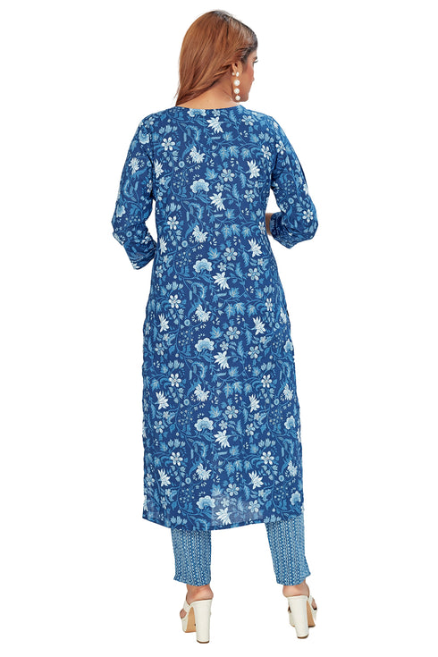 Amchoor Blue Cotton Floral Print Kurti Set for Women's
