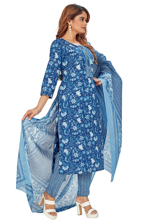 Amchoor Blue Cotton Floral Print Kurti Set for Women's