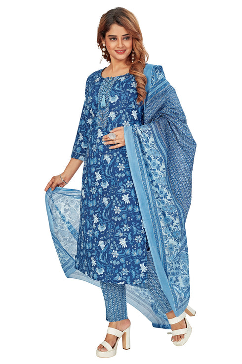 Amchoor Blue Cotton Floral Print Kurti Set for Women's