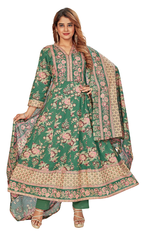 Amchoor Green Cotton Floral Print Kurti Set for Women's