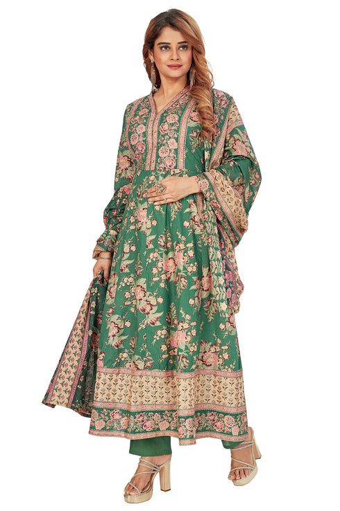 Amchoor Green Cotton Floral Print Kurti Set for Women's
