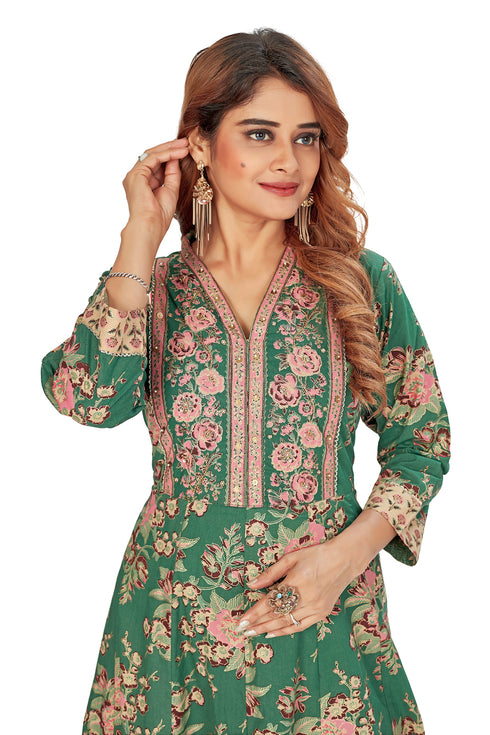 Amchoor Green Cotton Floral Print Kurti Set for Women's