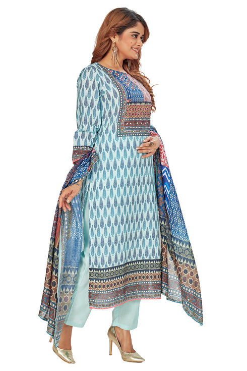 Amchoor Teal Cotton Digital Print Kurti Set for Women's