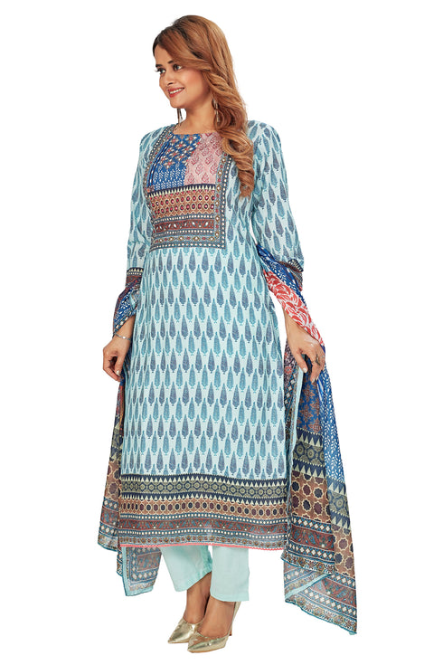 Amchoor Teal Cotton Digital Print Kurti Set for Women's