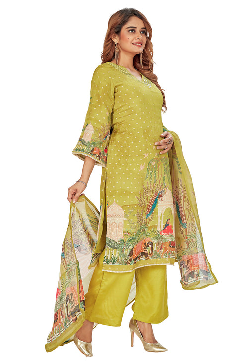 Amchoor Green with Golden Polka Dot Zari Patterned Cotton Kurti Set for Women's