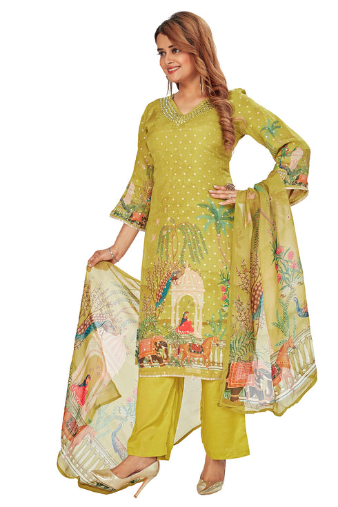 Amchoor Green with Golden Polka Dot Zari Patterned Cotton Kurti Set for Women's