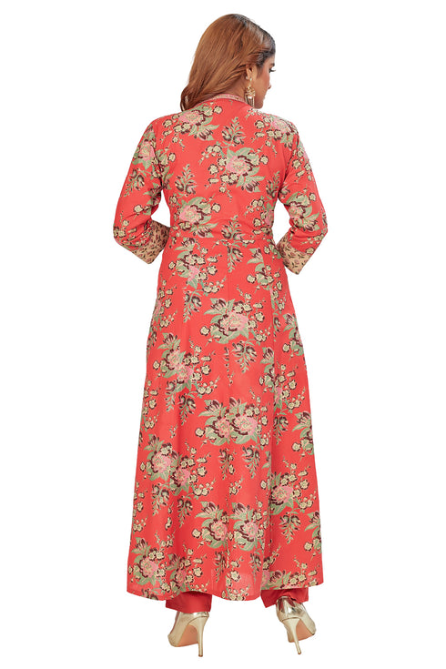Amchoor Red Cotton Floral Print Kurti Set for Women's
