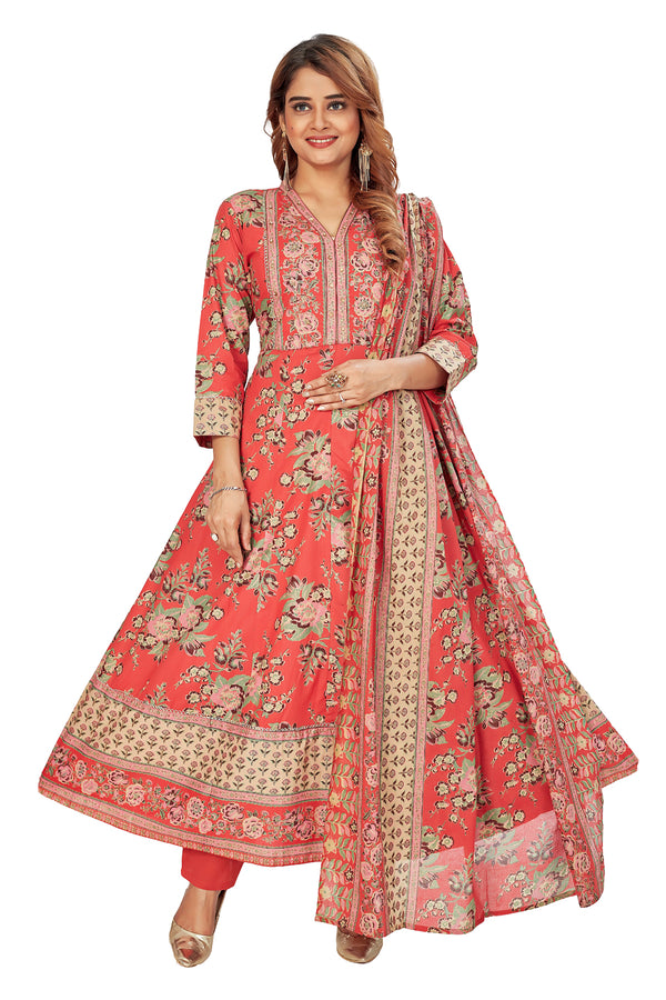 Amchoor Red Cotton Floral Print Kurti Set for Women's