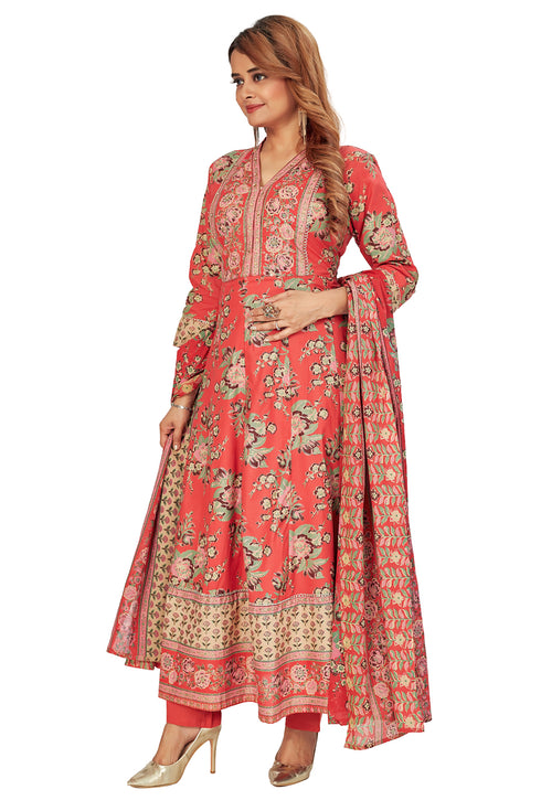 Amchoor Red Cotton Floral Print Kurti Set for Women's