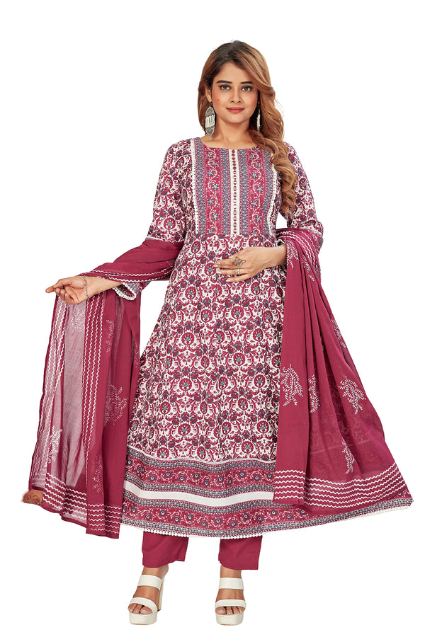 Amchoor Maroon Cotton Floral Print Kurti Set for Women's