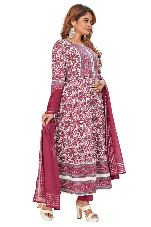 Amchoor Maroon Cotton Floral Print Kurti Set for Women's