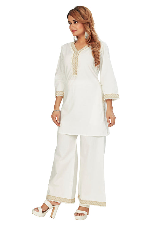 Amchoor Off White Cotton Solid Print Co-ord Set for Women's