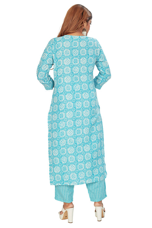 Amchoor Light Blue Cotton Floral Print Kurti Set for Women's