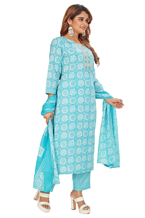 Amchoor Light Blue Cotton Floral Print Kurti Set for Women's