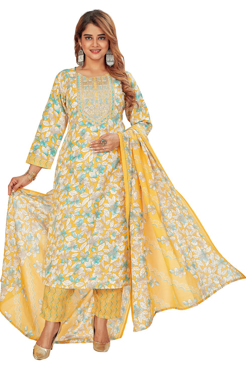 Amchoor Yellow Cotton Floral Print Kurti Set for Women's