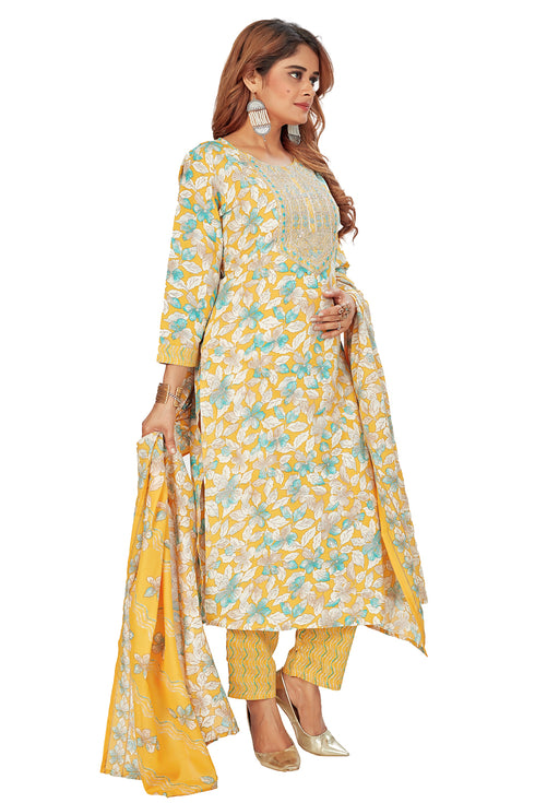 Amchoor Yellow Cotton Floral Print Kurti Set for Women's