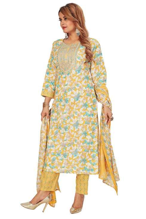 Amchoor Yellow Cotton Floral Print Kurti Set for Women's