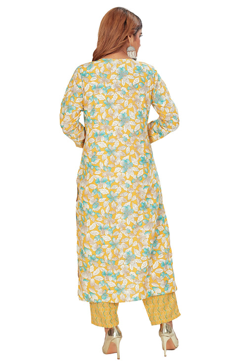 Amchoor Yellow Cotton Floral Print Kurti Set for Women's