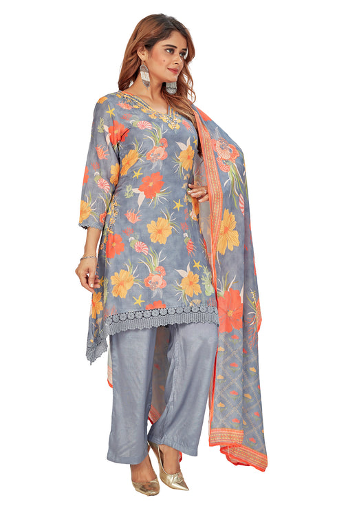 Amchoor Grey Muslin Floral Print Kurti Set for Women's