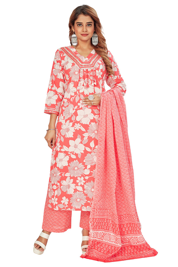 Amchoor Red Cotton Floral Print Kurti Set for Women's