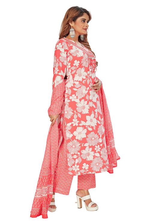 Amchoor Red Cotton Floral Print Kurti Set for Women's