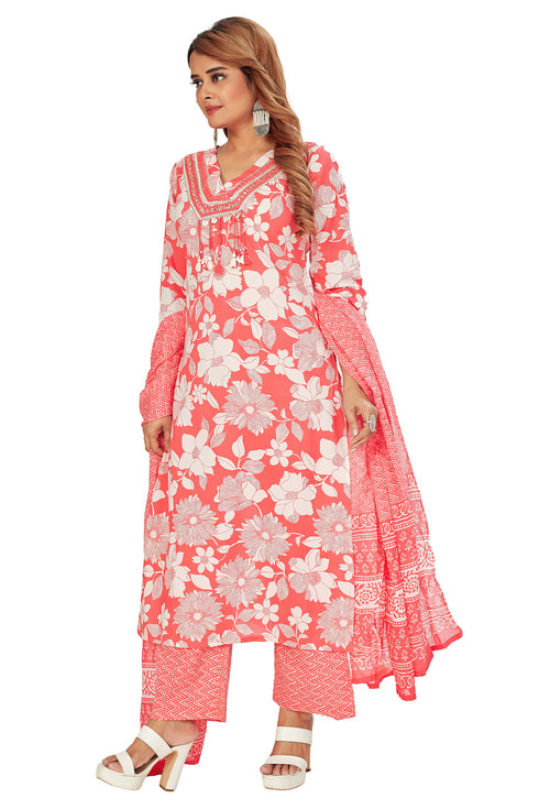 Amchoor Red Cotton Floral Print Kurti Set for Women's