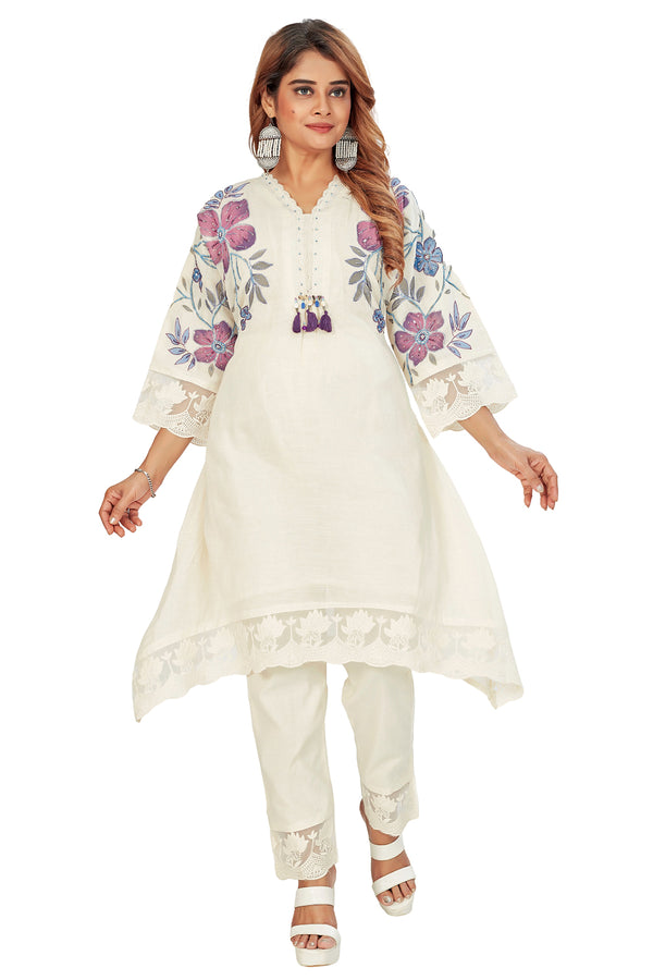 Amchoor Purple Cotton Floral Print Kurti Pant for Women's