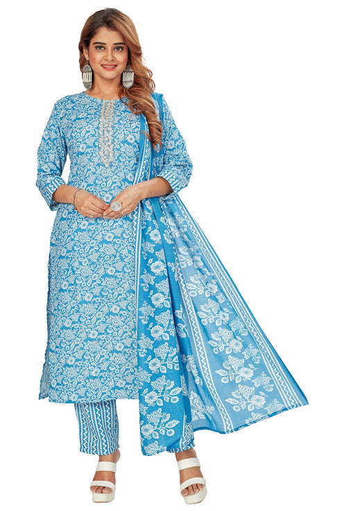 Amchoor Blue Cotton Floral Print Kurti Set for Women's