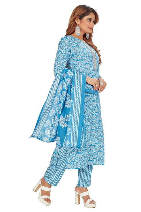 Amchoor Blue Cotton Floral Print Kurti Set for Women's