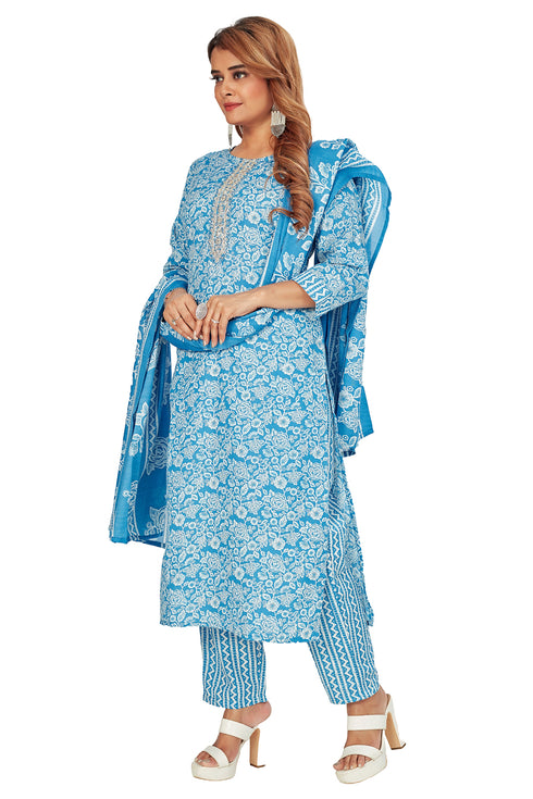 Amchoor Blue Cotton Floral Print Kurti Set for Women's