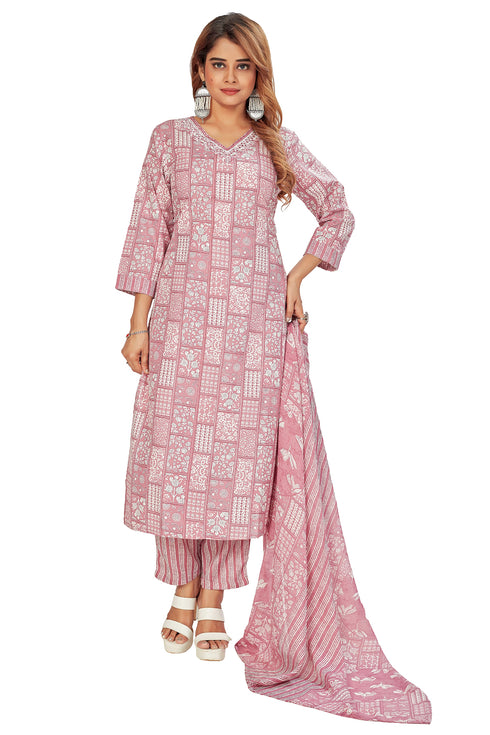 Amchoor Mauve Cotton Ethnic Motifs Kurti Set for Women's