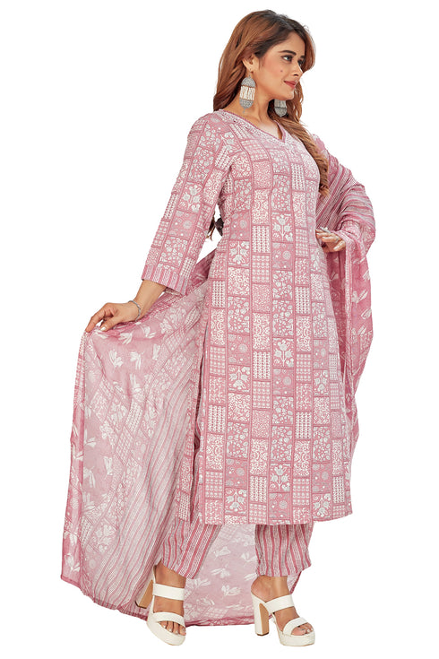Amchoor Mauve Cotton Ethnic Motifs Kurti Set for Women's