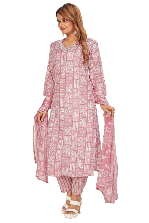 Amchoor Mauve Cotton Ethnic Motifs Kurti Set for Women's