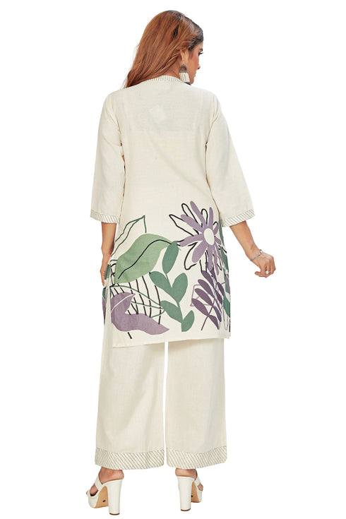 Amchoor Off White Cotton Floral Print Co-ord Set for Women's