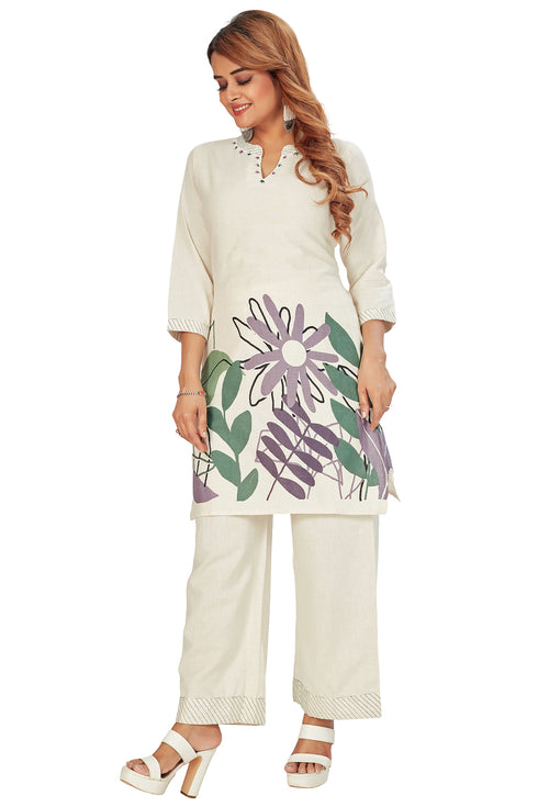 Amchoor Off White Cotton Floral Print Co-ord Set for Women's