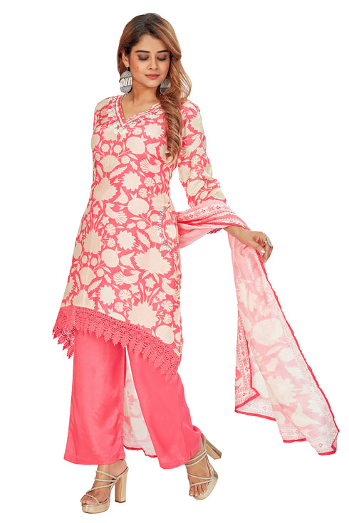 Amchoor Pink Muslin Floral Print Kurti Set for Women's