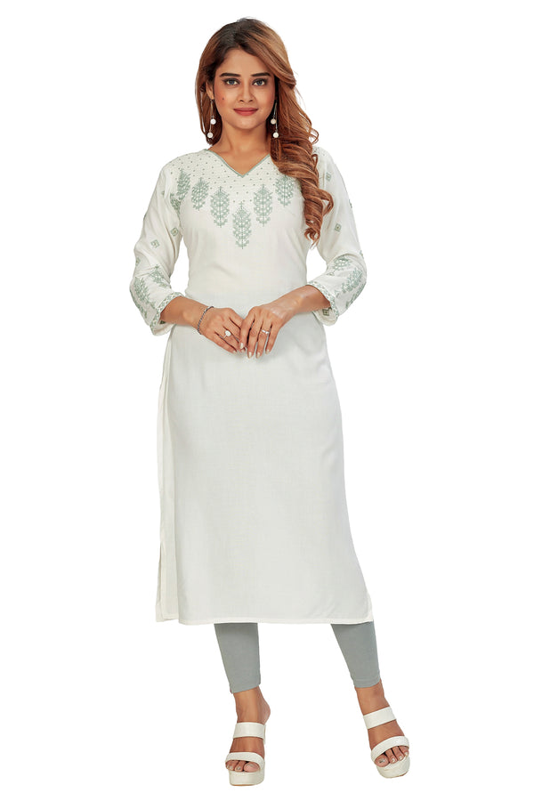 Amchoor White Solid Printed Rayon Kurti for Women's (Green)