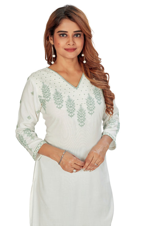 Amchoor White Solid Printed Rayon Kurti for Women's (Green)